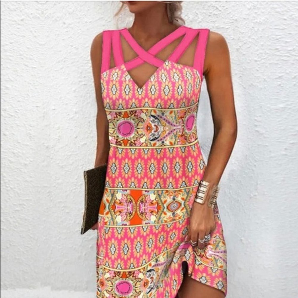Multi-colored Caged Top Mixed Print Mini Dress